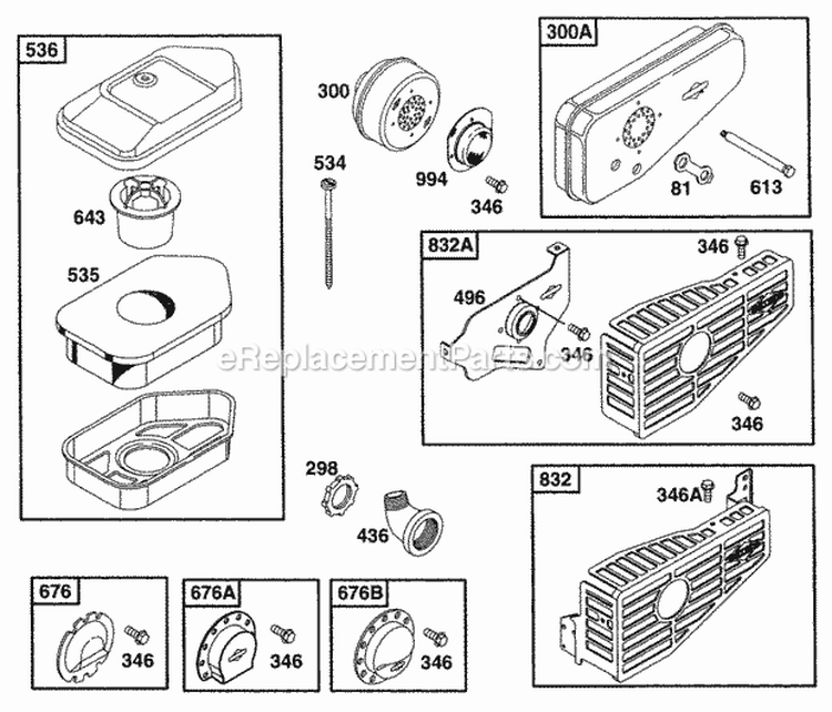 Air Cleaner Grps Mufflers Diagram and Parts List for 096902-0106-99  Briggs and Stratton Engine